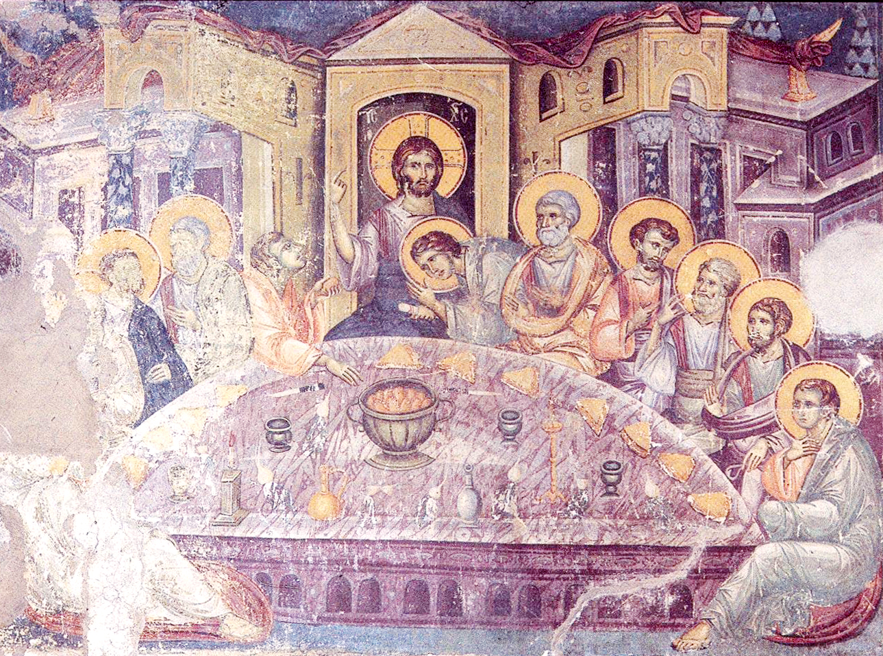 Вечере тайное днесь. Тайная вечеря фреска Греция. Тайная вечеря икона Византия.